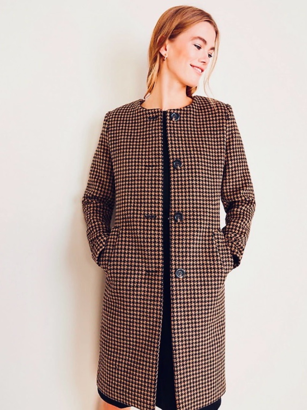 Ann Taylor Heritage Wool Blend Houndstooth Jewel Neck Coat in Brown